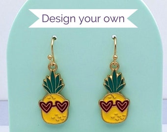 Pineapple Earrings, clip on and pierced custom charm earrings