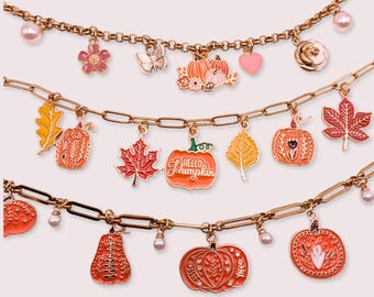 Gold Fall Pumpkin Charm Necklace for women and kids, pick your own charms, hypoallergenic ,build your own charm jewelry