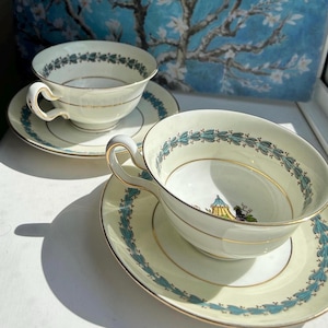 Wedgwood Appledore Tea Cup & Saucer Duo | Vintage 1960s Fine Bone China | Blue Floral with Gold Trim | 2 Available