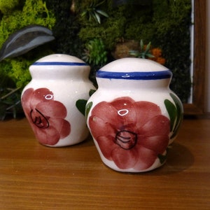 Puede incluir: Un juego de dos saleros y pimenteros de cerámica blanca con ribete azul y un diseño de flor rosa pintado a mano.
