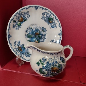 Masons Fruit Basket Ironstone Milk Jug & Saucer Set - Blue Detergent Pattern, Made in England