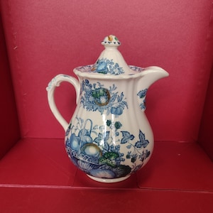 Vintage Masons Ironstone Fruit Basket Pitcher: Blue Detergent Jug with Lid, Made in England