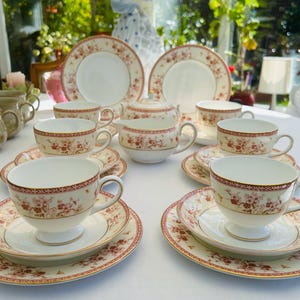 Wedgwood Malabar Fine Bone China Theeservies | Set van 20 stuks | Six Trios + kan en suikerpot | Zeldzaam Indiaas geïnspireerd patroon | Als nieuw