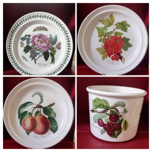 Portmeirion Pomona Botanic Garden Plates & Pot | Set of 4 | Pear, Grape, Peony, Cherry | Vintage Collectibles | Excellent Condition