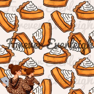 May include: A seamless pattern featuring a repeating design of pumpkin pie slices with whipped cream on a white background.