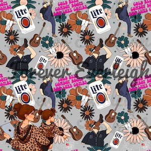 May include: A seamless pattern featuring a light gray background with a variety of colorful elements, including a can of beer with the word "Lite" on it, a guitar, a cowboy boot, and a daisy flower. The text "Cold Beer, Cowboy Boots and Luke Combs" is repeated throughout the pattern.