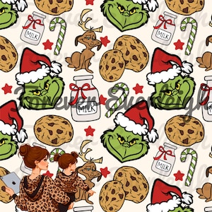May include: A seamless pattern featuring a green Grinch wearing a Santa hat, a brown dog with antlers, chocolate chip cookies, milk bottles, and candy canes on a cream background.