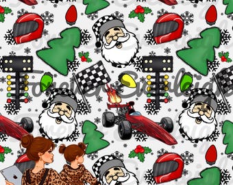 May include: A white background with a repeating pattern of Santa Claus wearing a racing helmet, Christmas trees, snowflakes, and racing cars. There are also images of a Christmas light, holly, and a checkered flag.