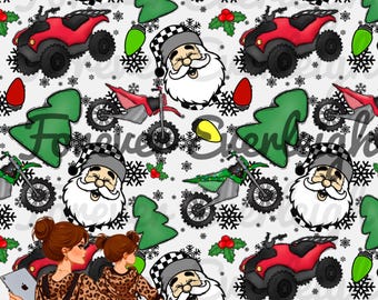 May include: A seamless pattern featuring a white background with red and green Christmas-themed elements. The pattern includes Santa Claus, Christmas trees, snowflakes, holly, and dirt bikes.