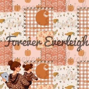 May include: A digitally created patchwork design featuring pumpkins, chickens, and leaf patterns in shades of orange, cream, and brown. The Carhartt logo is incorporated into the design, along with the text "Forever Everleigh".
