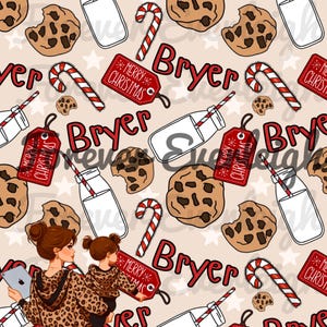 May include: A seamless pattern featuring a red and white candy cane, a glass of milk, a chocolate chip cookie, a red gift tag with the text "Merry Christmas", and the name "Bryer" repeated throughout the pattern. The pattern is set against a light beige background with white stars.