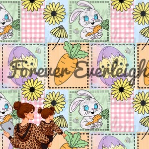 Pode incluir: Um padrão sem costura que apresenta um design de patchwork com vários elementos temáticos de Páscoa. O padrão inclui coelhos, cenouras, pintinhos, ovos e flores em uma paleta de cores pastel. O padrão é perfeito para projetos de artesanato, tecidos e decoração de casa.