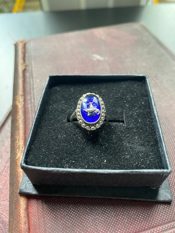 Antique blue Bristol glass enamel silver ring