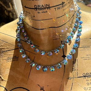 Art deco blue rainbow aurora borealis crystal double stand necklace