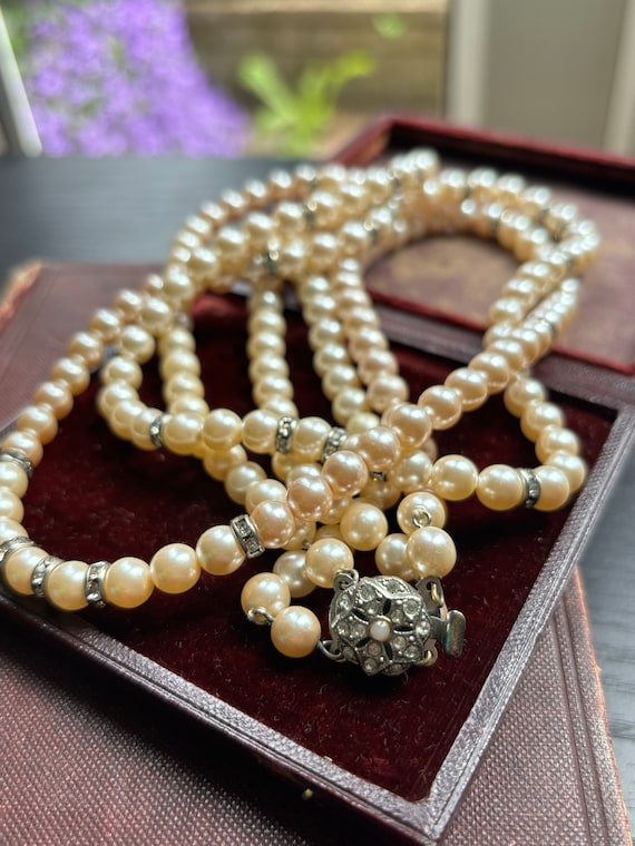 Collier Vintage Ancien En Pâte De Verre Et Strass - 2 Rangs, Sautoir, Occasion En Très Bon état