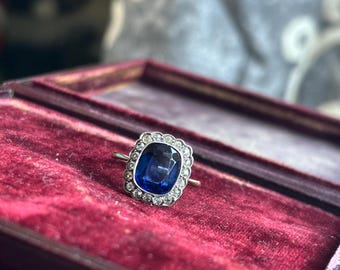 Art deco cluster gold blue and clear paste 9ct gold ring