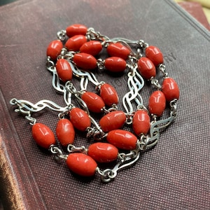 Antique sterling silver 800 coral glass flapper long necklace
