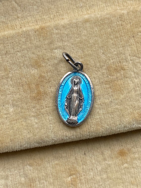 Antique blue enamel Virgin Mary Italian pendant c… - image 1