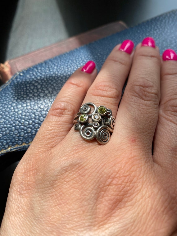 Bague Ancienne Argent Massif 925 Avec Péridot Et Améthyste - Taille 49, Occasion Très Bon état