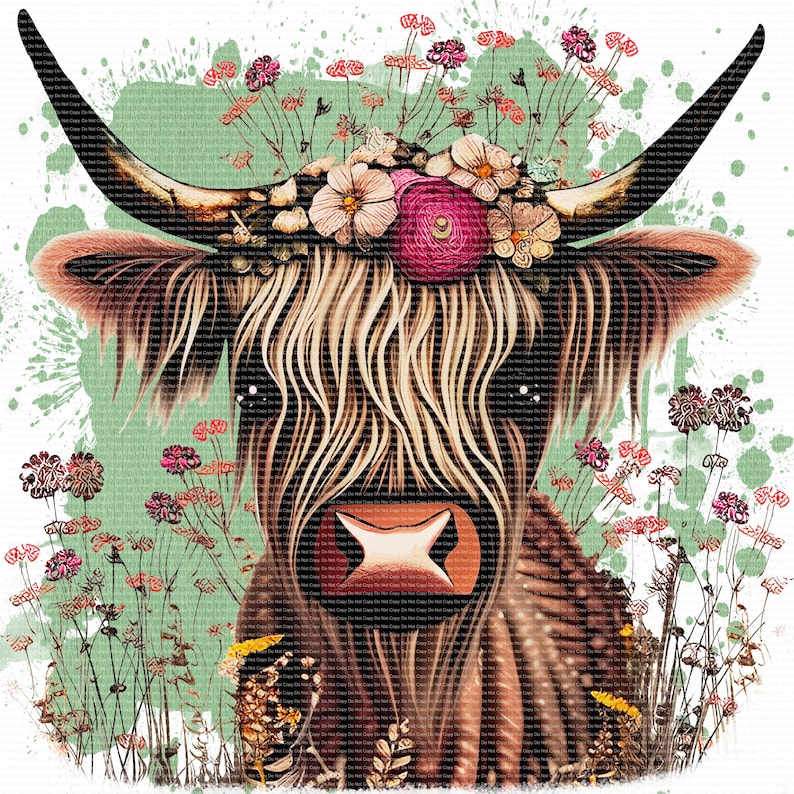 Highland Cow With Wildflowers Western Ready to Press Etsy