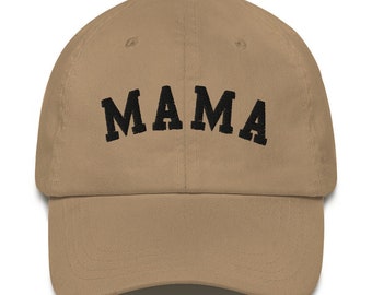 May include: A tan baseball cap with black embroidered text that reads "MAMA".