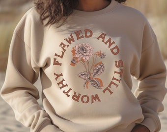 Boho Christian Sweatshirt Christian Crewneck Faith Worship Bible Verse Gift Scripture Women Teen Girl Flawed and Still Worthy