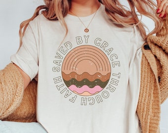 Boho Christian Shirt | Trendy Christian Bible Verse Apparel | Retro Vintage Christian Tee Women | Saved By Grace Through Faith