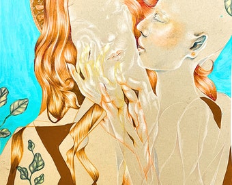 May include: A drawing of two figures, one with long red hair and a halo, the other with a bald head, embracing. The figures are drawn in shades of brown, white, and yellow on a blue background.