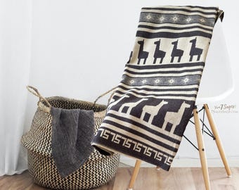Handmade Alpaca Wool Blanket | Ecuador | Queen Southwestern Design | Black/Beige | Easter Gift | Birthday Gift