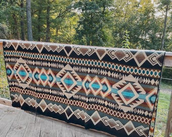 Handmade Alpaca Wool Blanket | Ecuador | Blue | Southwestern Reversible Throw/Twin or Queen | Father's Day Gift