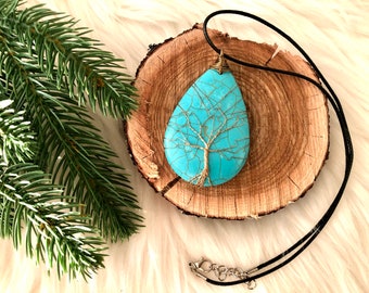 Handmade Tree of Life Wire Motif Blue Teardrop Shape Large Pendant Necklace | Boho Bohemian | 60's Style/Statement Necklace | Gift for Her