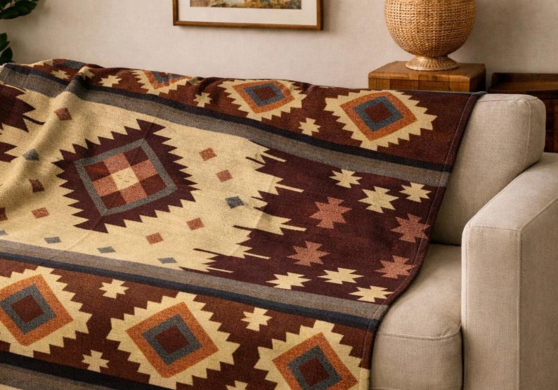 Handgemaakte alpacawollen deken | Ecuador | Queensize of plaid/tweelingmaat | Zuidwest | Bruine deken | Moederdagcadeau afbeelding 8