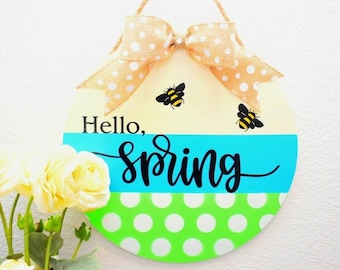 Hello Spring Wooden Door Hanger, Bees, Polka Dot Bow