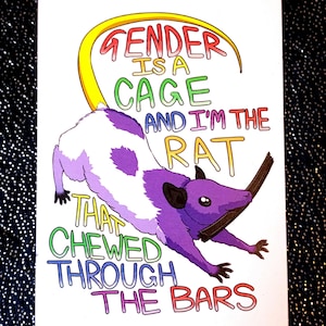 El género es una jaula y yo soy la rata, divertida impresión A6 del orgullo LGBTQ, lindo regalo de decoración de pared para amigos transgénero y no binarios y amantes de los animales.