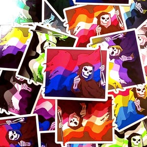 Skeleton with pride flags, viynl lgbtq pride sticker, funny gender meme gift for queer friends