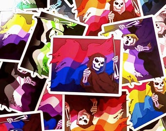 Scheletro con bandiere dell'orgoglio, adesivo LGBTQ Pride, divertente regalo con meme di genere per amici queer