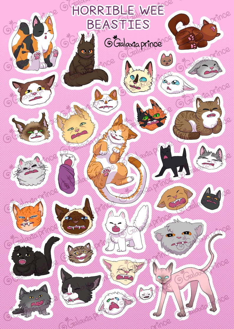 Horrible Wee Beasties: scrungy cat face A5 stickersheet image 3