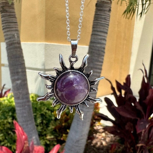 Amethyst Sun Pendant Gorgeous Amethyst Necklace Chakra Healing Encased Crystal