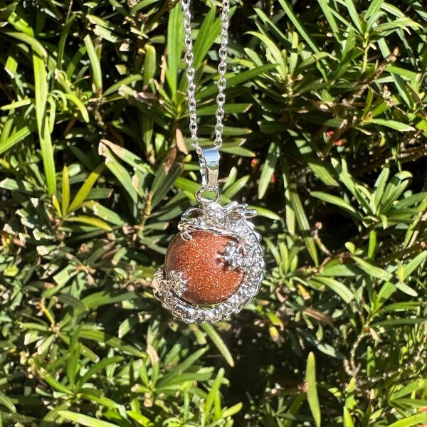 Goldstone Dragon Ball Pendant Goldstone Necklace Man Made Encased Crystal