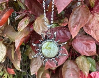 Green White Jasper Sun Pendant Genuine Green White Jasper Necklace Man Made Encased Crystal