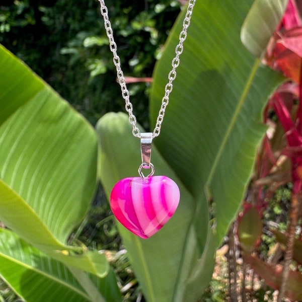 Dainty Pink Agate Heart Pendant Gorgeous Pink Agate Crystal Necklace Charka Healing