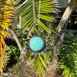Turquoise Color Howlite Sun Pendant Howlite Necklace Man Made Encased Crystal