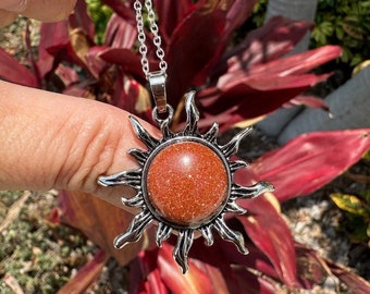 Goldstone Sun Pendant: Man Made Crystal, 18 inch Chain