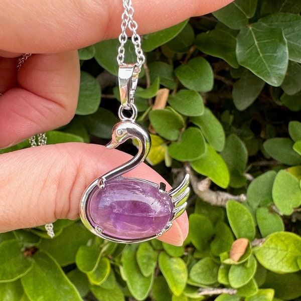 Amethyst Swan Pendant Amethyst Necklace Chakra Healing Genuine Crystal