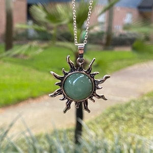 Green Aventurine Sun Pendant Gorgeous Green Aventurine Necklace Man Made Encased Crystal