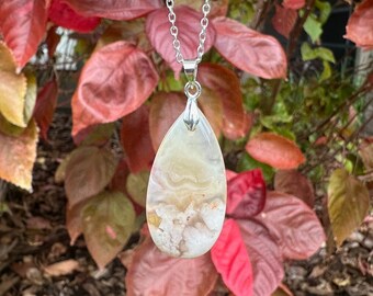 Cherry Blossom Agate Teardrop Pendant, 18-inch Chain