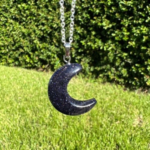 Blue Goldstone Crescent Pendant Gorgeous Blue Goldstone Moon Necklace Throat Chakra Healing image 1