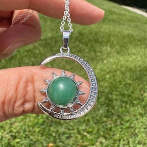Green Aventurine Crescent Sun Pendant Rose Green Aventurine Necklace Man Made Encased Crystal