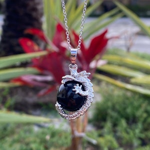 Black Obsidian Dragon Ball Pendant Gorgeous Obsidian Necklace Man Made Encased Crystal