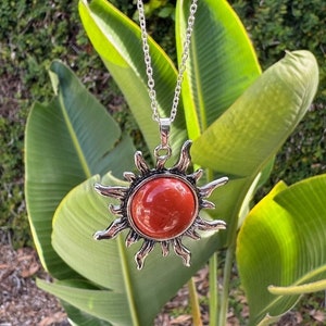 Red Jasper Sun Pendant Genuine Red Jasper Necklace Man Made Encased Crystal